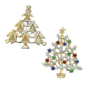 Bundle Festive Christmas Tree Gold & Silver & Colorful Brooches set of 2